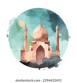 watercolor modern Ramadan design with mosque vector