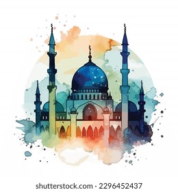 watercolor modern Ramadan design with mosque vector