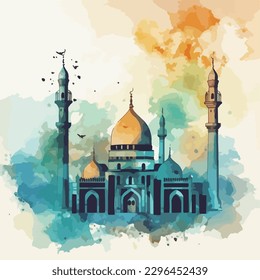 watercolor modern Ramadan design with mosque vector