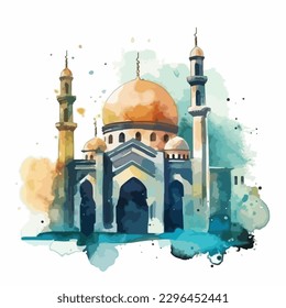 watercolor modern Ramadan design with mosque vector