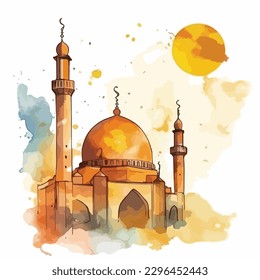 watercolor modern Ramadan design with mosque vector