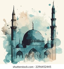 watercolor modern Ramadan design with mosque vector