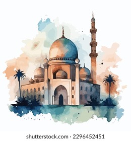 watercolor modern Ramadan design with mosque vector