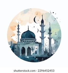 watercolor modern Ramadan design with mosque vector