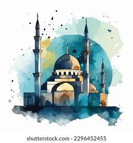 watercolor modern Ramadan design with mosque vector