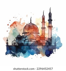 watercolor modern Ramadan design with mosque vector