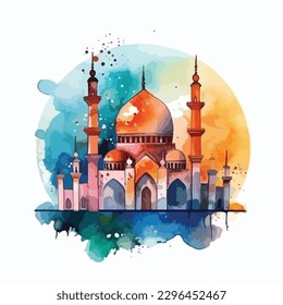 watercolor modern Ramadan design with mosque vector