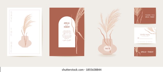 Watercolor modern wedding invitation pampas grass card set. Autumn boho botanical template vector. Save the Date golden foliage minimal poster, trendy design, luxury background, floral illustration