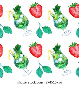 Watercolor mojito lime ice mint strawberry cocktail vector seamless pattern