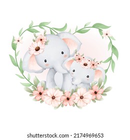 Watercolor mom and baby elephant in flower and leaves wreath