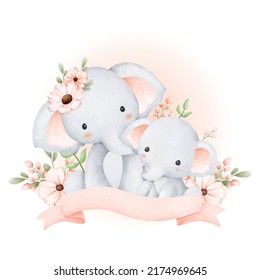 Watercolor mom   baby elephant and flowers   ribbon