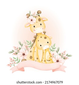 Watercolor Mom And Baby Giraffe With Flowers And Ribbon