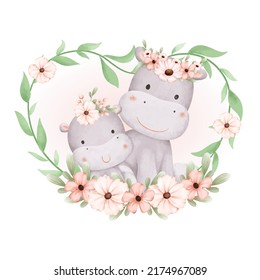 Watercolor mom and baby hippo in flower and leaves wreath