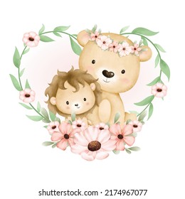 Watercolor mom and baby lion in flower and leaves wreath