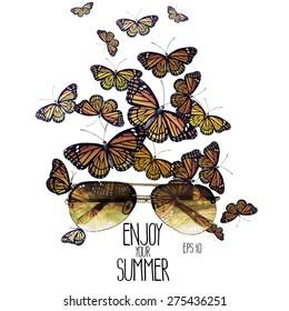 Watercolor monarch butterflies flying out of aviator sunglasses. Vector design isolated on white background