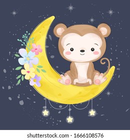 watercolor monkey illustration, animal clipart, baby shower decoration, woodland illustration.