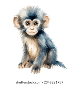 Watercolor monkey. Vector illustration with hand drawn cute marmoset. Clip art image.