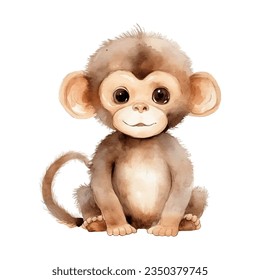 Watercolor monkey. Vector illustration with hand drawn cute marmoset. Clip art image.