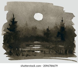 Watercolor monochrome drawing of landscape fir forest in moonlit night