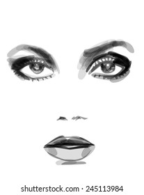 Watercolor monochrome fashion illustration of beautiful woman face