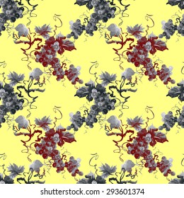 Watercolor monochrome grapes sketch seamless pattern on yellow background vector illustration
