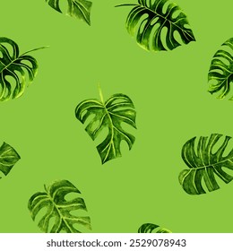 Watercolor monstera leaves, tropical plant, green background. Seamless floral pattern-433.