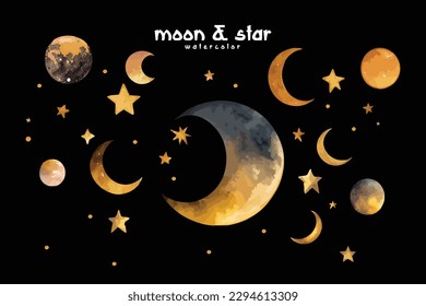 watercolor moon and star set