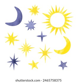 Watercolor moon and stars set. Vector illustration