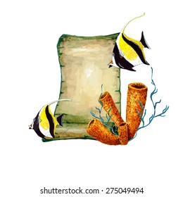 Watercolor Moorish idol, Blank Retro Scroll & Sponge vector design template. Elegant concept for Aquarium, Swimming Lessons, Nautical tourism. Ocean Wildlife logotype. Sea banner with space for text.