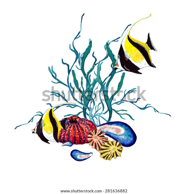 Watercolor Moorish Idol Coral Sea Urchin Stock Vector Royalty