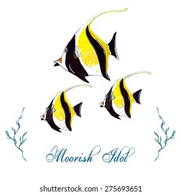 Watercolor Moorish Idol, isolated on white background. Tropical fish card, postcard & invitation. Elegant concept for Aquarium, Swimming Lessons, Diving courses & Eco Tourism. Element for your design.