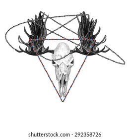 Watercolor Moose Skull, Beaded strings & Beaded Triangle, isolated on white background. Boho style. Vector Element for your design. Hand drawn illustration. 