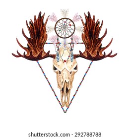 Watercolor Moose Skull, Feathers, Dreamcatcher & Beaded Triangle, isolated on white background. Boho style. Vector Element for your design. Hand drawn illustration. 