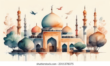 Watercolor Mosque Painting Design Mosque Illustration Design Islamic Background Hand drawn Watercolor Artwork. sketch of Mosque, Greeting card or banner for Muslim holiday, Mosque Watercolor style