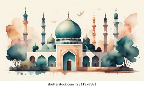 Watercolor Mosque Painting Design Mosque Illustration Design Islamic Background Hand drawn Watercolor Artwork. sketch of Mosque, Greeting card or banner for Muslim holiday, Mosque Watercolor style