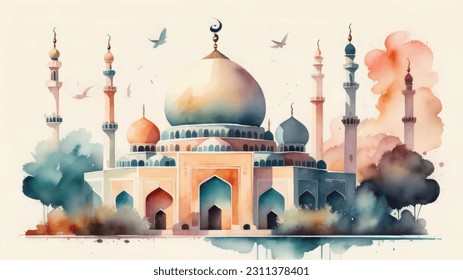 Watercolor Mosque Painting Design Mosque Illustration Design Islamic Background Hand drawn Watercolor Artwork. sketch of Mosque, Greeting card or banner for Muslim holiday, Mosque Watercolor style