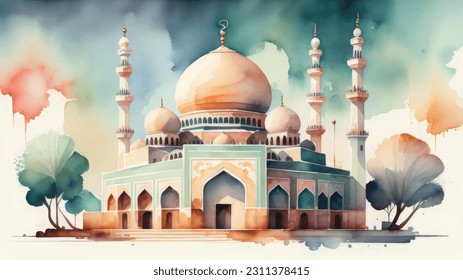 Moschee Malerei Moschee Illustration Aquarell Moschee Design Islamischer Hintergrund Handgezeichnete Aquarellkunst. Skizze der Moschee, Grußkarte oder Banner für muslimische Ferien, Moschee Aquarell