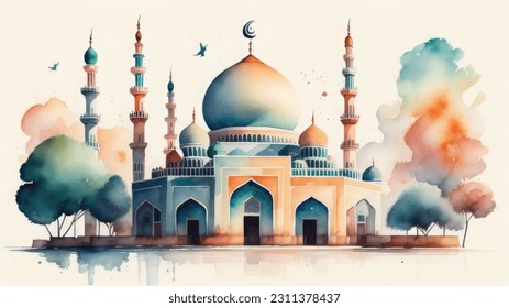 Watercolor Mosque Painting Design Mosque Illustration Design Islamic Background Hand drawn Watercolor Artwork. sketch of Mosque, Greeting card or banner for Muslim holiday, Mosque Watercolor style