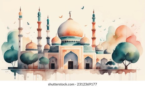 Moschee Malerei Moschee Illustration Aquarell Moschee Design Islamischer Hintergrund Handgezeichnete Aquarellkunst. Skizze der Moschee, Grußkarte oder Banner für muslimische Ferien, Moschee Aquarell