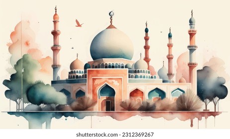 Watercolor Mosque Painting Design Mosque Illustration Design Islamic Background Hand drawn Watercolor Artwork. sketch of Mosque, Greeting card or banner for Muslim holiday, Mosque Watercolor style