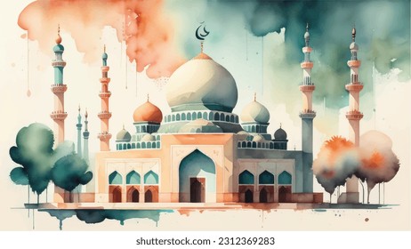 Watercolor Mosque Painting Design Mosque Illustration Design Islamic Background Hand drawn Watercolor Artwork. sketch of Mosque, Greeting card or banner for Muslim holiday, Mosque Watercolor style