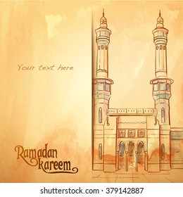 Watercolor Mosque sketch Ramadan Kareem greeting card background - Translation of text : Ramadan Kareem - May Generosity Bless you during the holy month