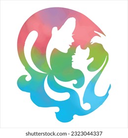 Watercolor mother and baby silhouette vector with colorful background 