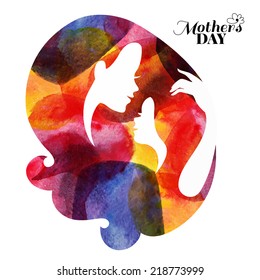 Watercolor mother silhouette with her baby. Card of Happy Mothers Day. Vector illustration with beautiful woman and child