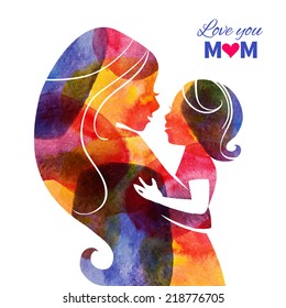 Watercolor mother silhouette with her baby. Card of Happy Mothers Day. Vector illustration with beautiful woman and child