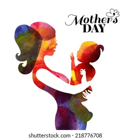 Watercolor mother silhouette with her baby. Card of Happy Mothers Day. Vector illustration with beautiful woman and child