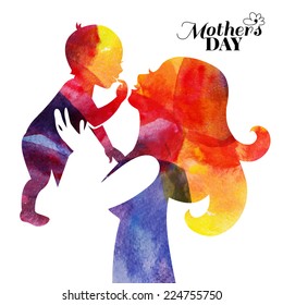 Watercolor mother silhouette with her baby. Card of Happy Mothers Day. Vector illustration with beautiful woman and child