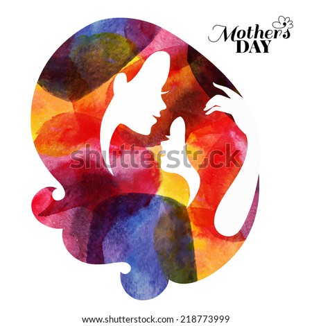 Watercolor mother silhouette with her baby. Card of Happy Mothers Day. Vector illustration with beautiful woman and child