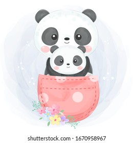 watercolor motherhood panda illustration, animal clipart for scrapbooking and decoration.