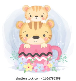 watercolor motherhood tiger illustration, animal clipart for scrapbooking and decoration.